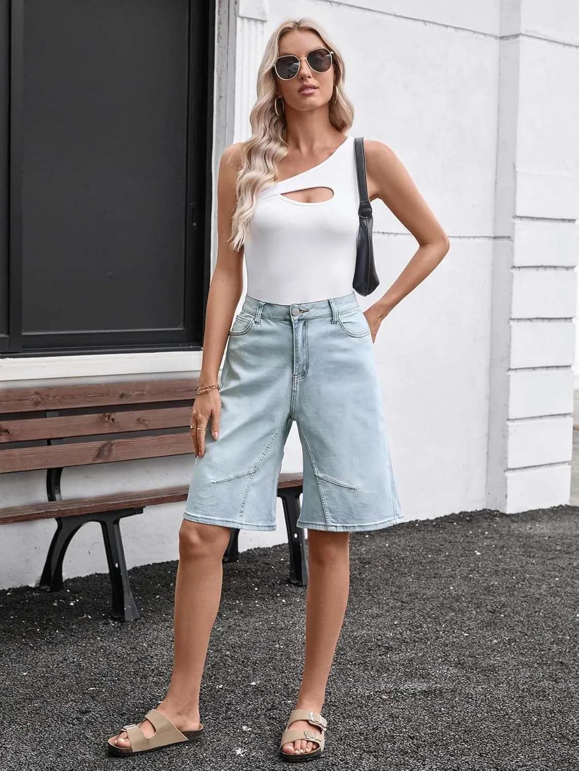 VICHYIE Womens Summer Denim Wide Leg Casual Loose Mid-Low Rise Jorts Bermuda Knee Length Jeans Short Pants
