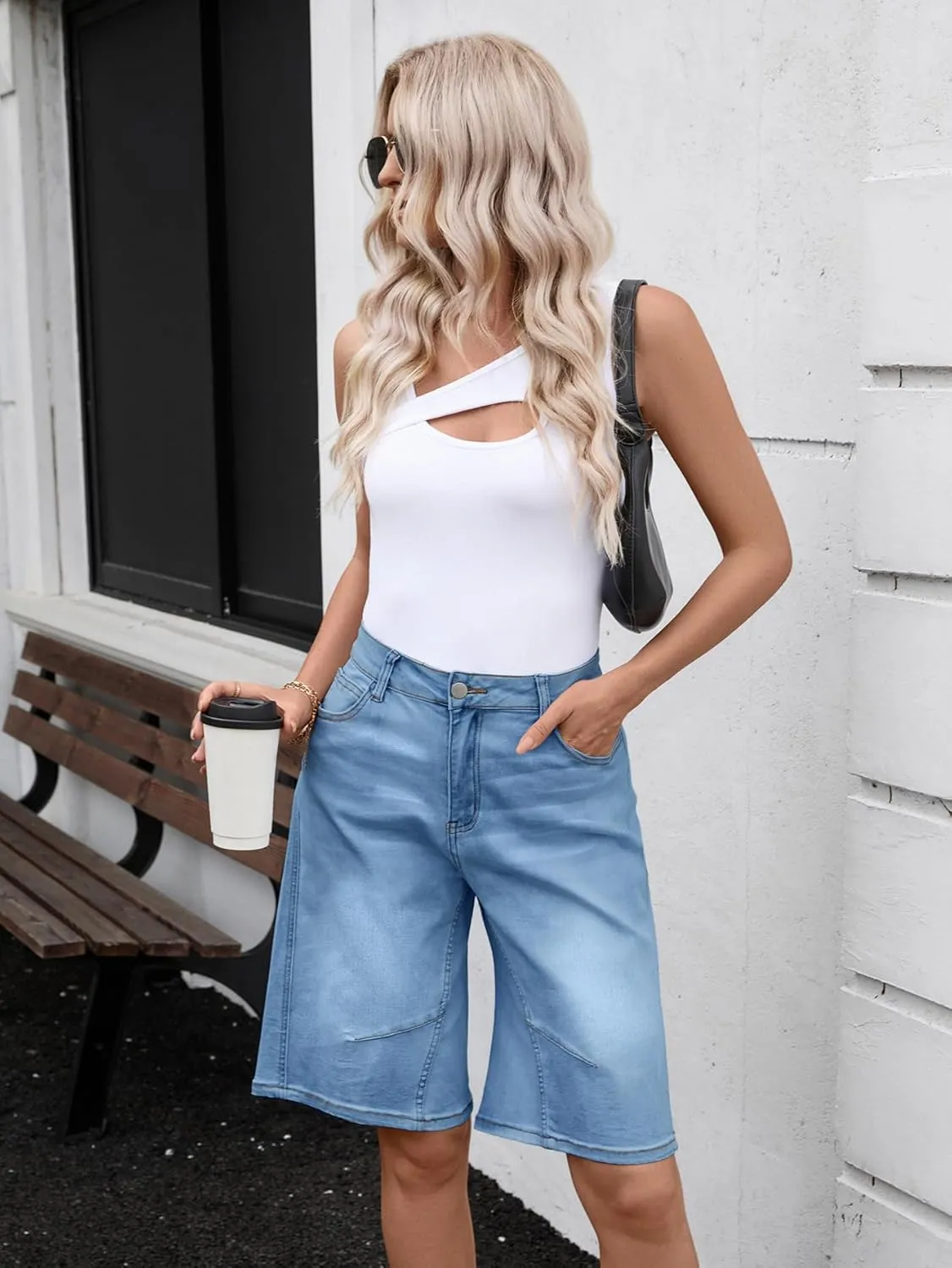 VICHYIE Womens Summer Denim Wide Leg Casual Loose Mid-Low Rise Jorts Bermuda Knee Length Jeans Short Pants