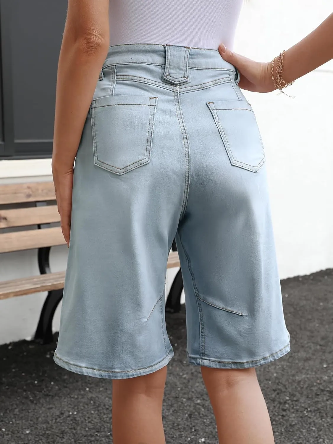 VICHYIE Womens Summer Denim Wide Leg Casual Loose Mid-Low Rise Jorts Bermuda Knee Length Jeans Short Pants
