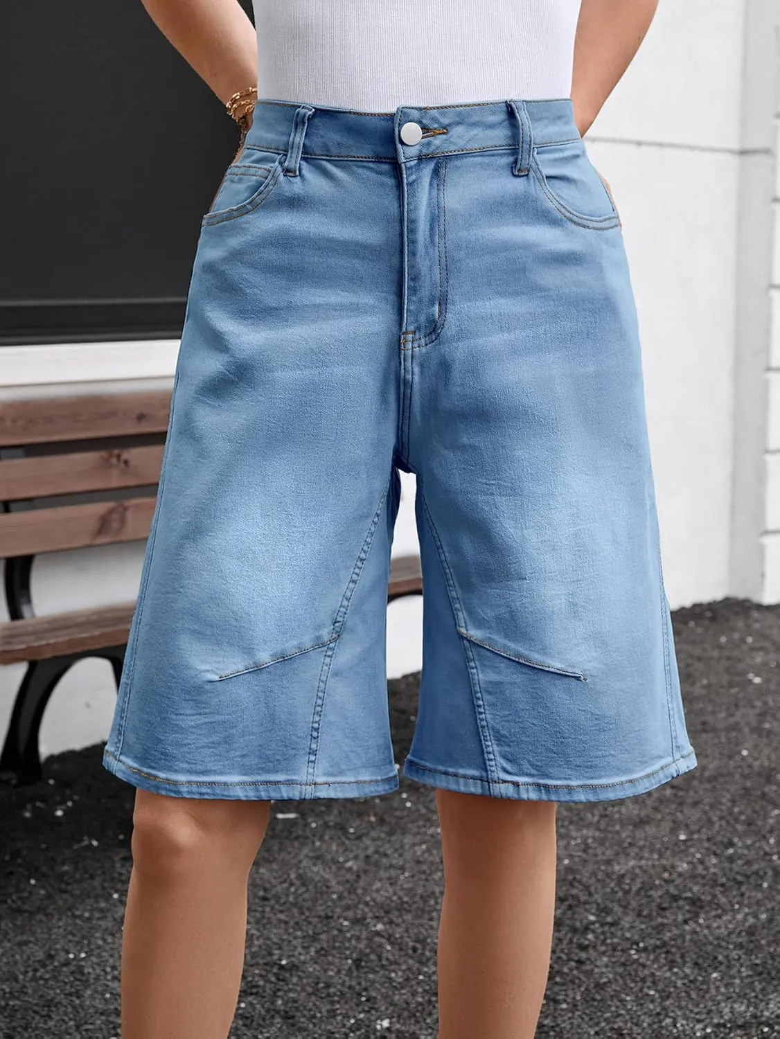 VICHYIE Womens Summer Denim Wide Leg Casual Loose Mid-Low Rise Jorts Bermuda Knee Length Jeans Short Pants
