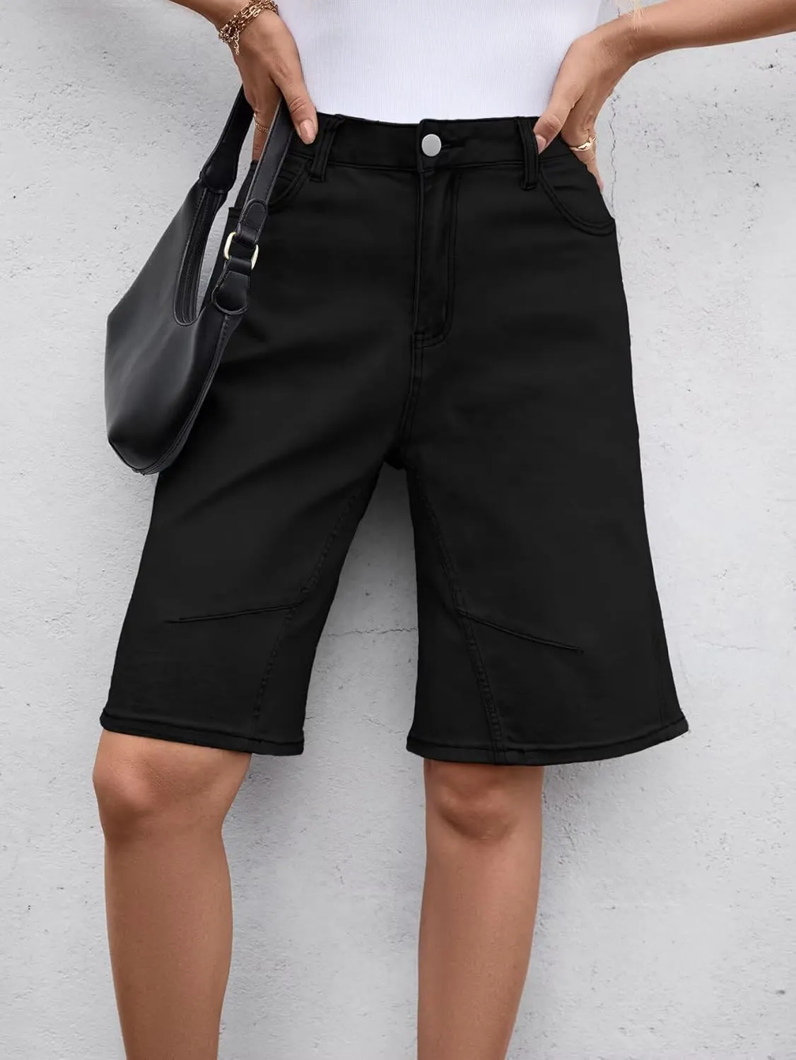 VICHYIE Womens Summer Denim Wide Leg Casual Loose Mid-Low Rise Jorts Bermuda Knee Length Jeans Short Pants