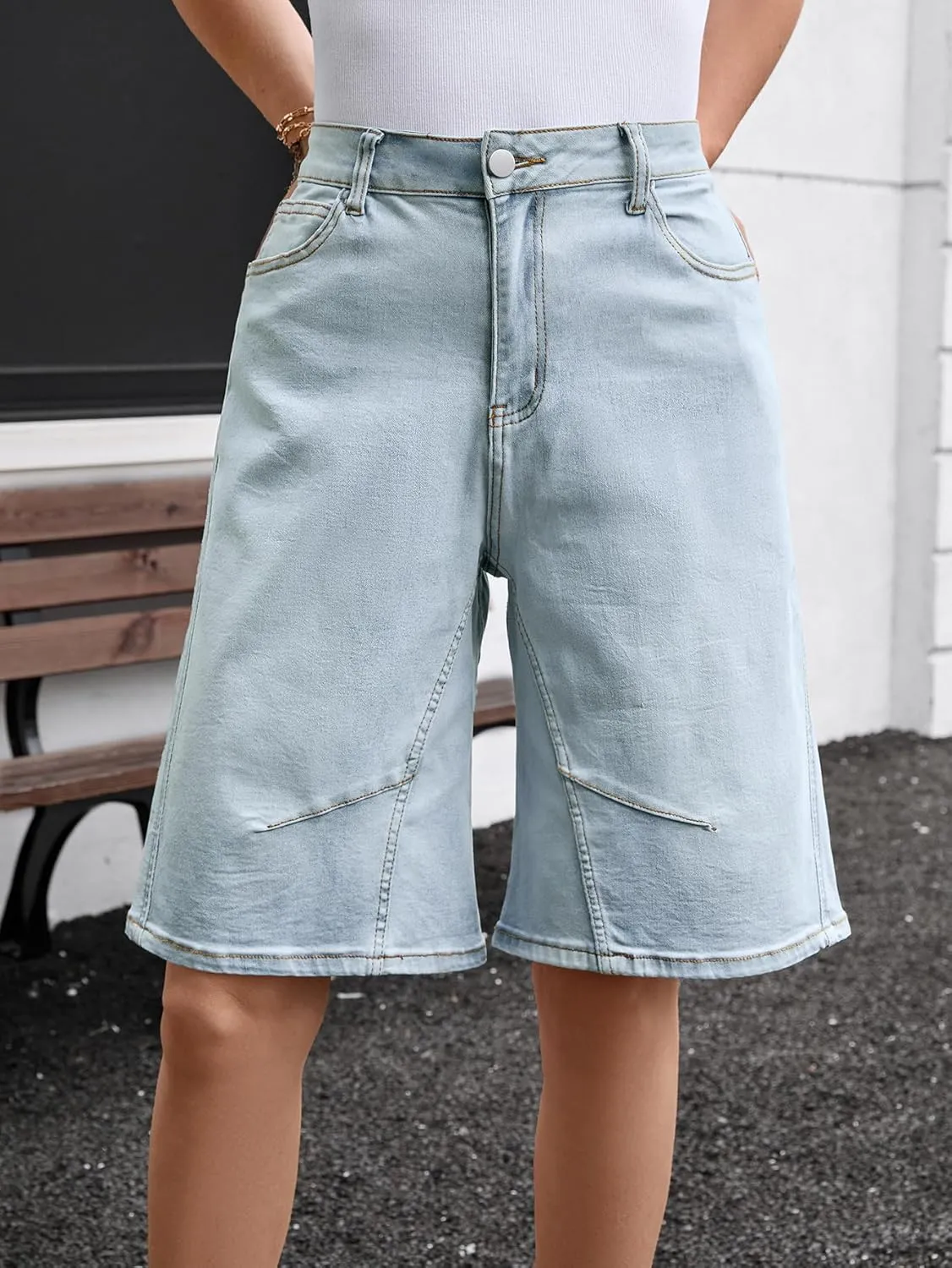 VICHYIE Womens Summer Denim Wide Leg Casual Loose Mid-Low Rise Jorts Bermuda Knee Length Jeans Short Pants