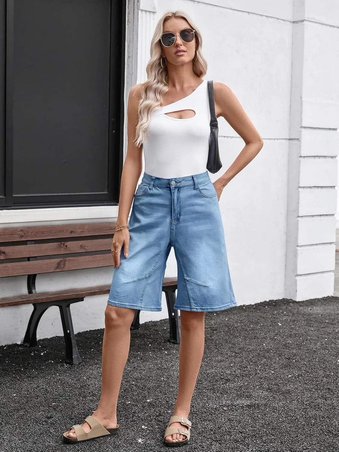 VICHYIE Womens Summer Denim Wide Leg Casual Loose Mid-Low Rise Jorts Bermuda Knee Length Jeans Short Pants