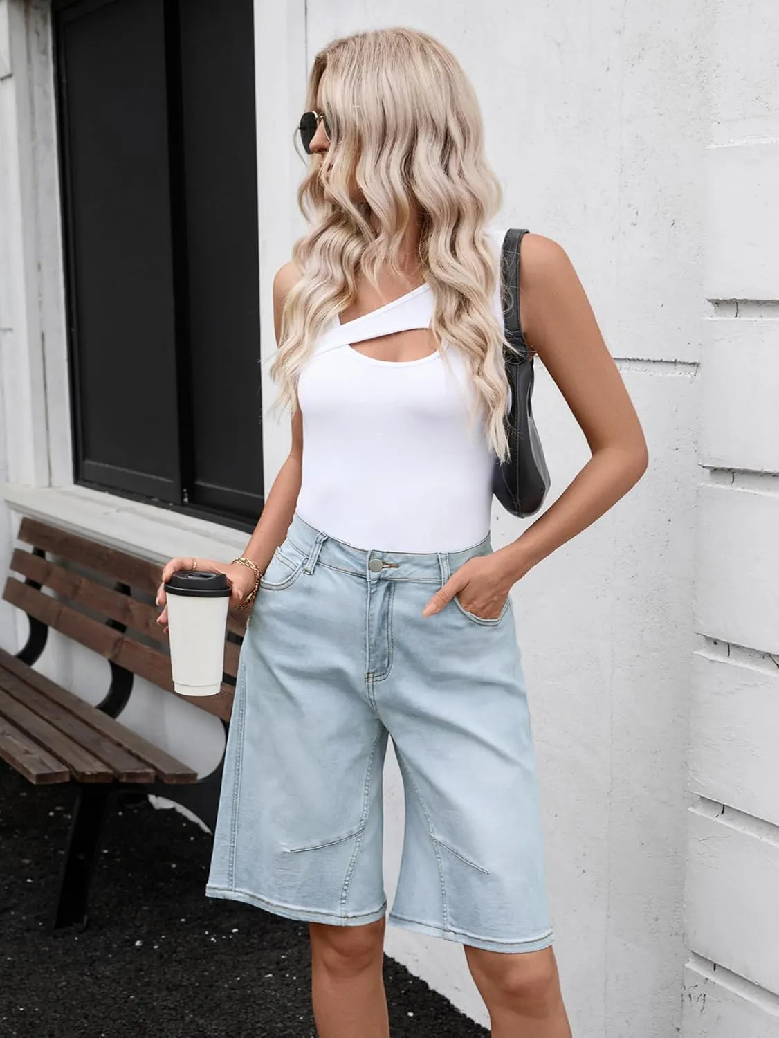 VICHYIE Womens Summer Denim Wide Leg Casual Loose Mid-Low Rise Jorts Bermuda Knee Length Jeans Short Pants