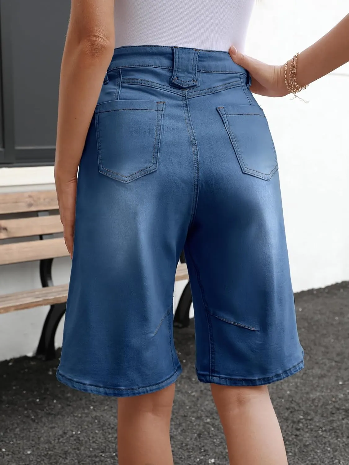 VICHYIE Womens Summer Denim Wide Leg Casual Loose Mid-Low Rise Jorts Bermuda Knee Length Jeans Short Pants
