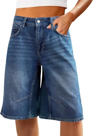 VICHYIE Womens Summer Denim Wide Leg Casual Loose Mid-Low Rise Jorts Bermuda Knee Length Jeans Short Pants