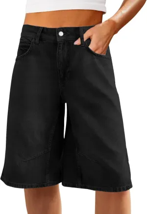 VICHYIE Womens Summer Denim Wide Leg Casual Loose Mid-Low Rise Jorts Bermuda Knee Length Jeans Short Pants