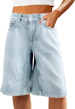 VICHYIE Womens Summer Denim Wide Leg Casual Loose Mid-Low Rise Jorts Bermuda Knee Length Jeans Short Pants