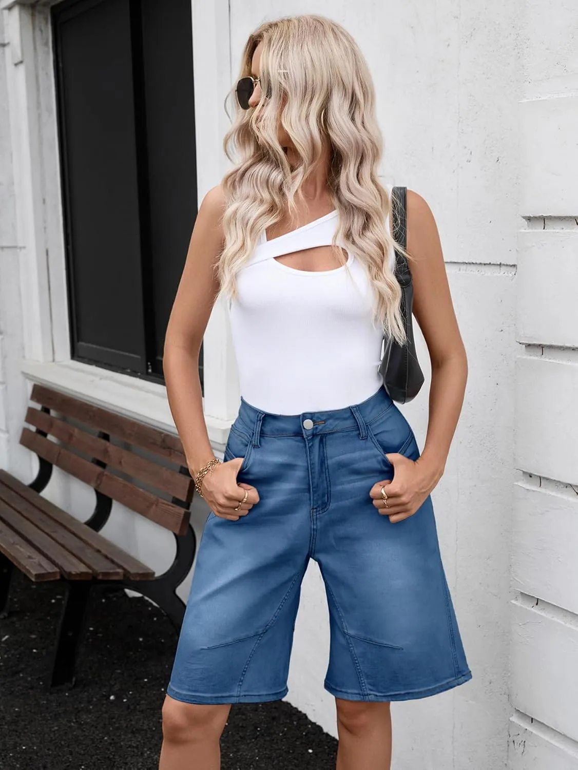 VICHYIE Womens Summer Denim Wide Leg Casual Loose Mid-Low Rise Jorts Bermuda Knee Length Jeans Short Pants