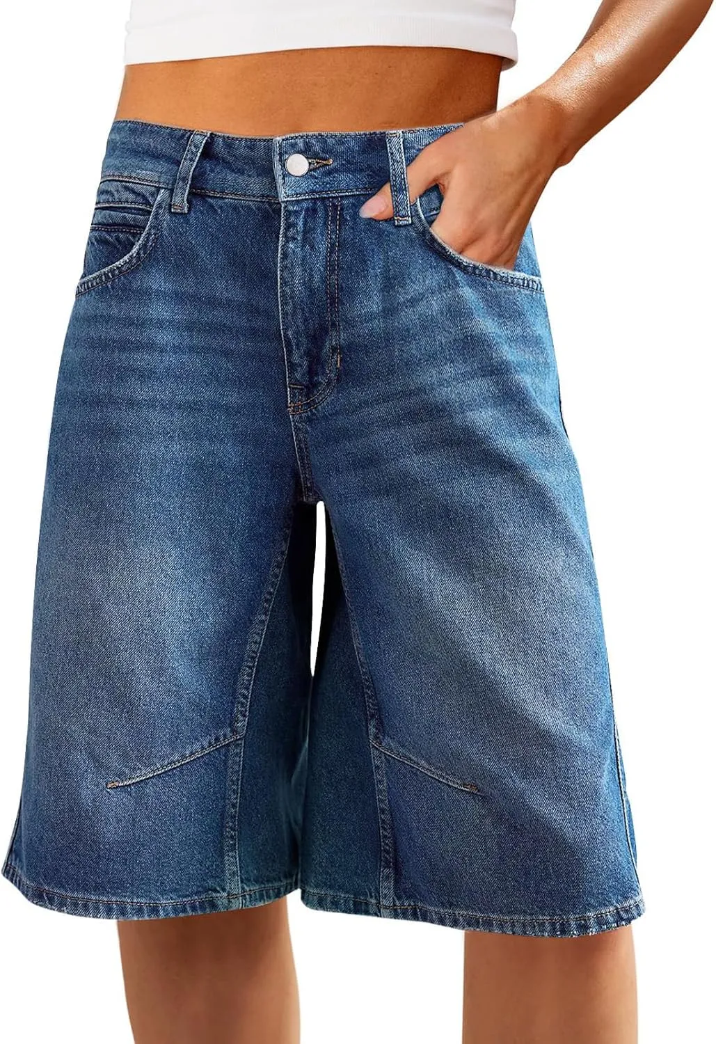 VICHYIE Womens Summer Denim Wide Leg Casual Loose Mid-Low Rise Jorts Bermuda Knee Length Jeans Short Pants