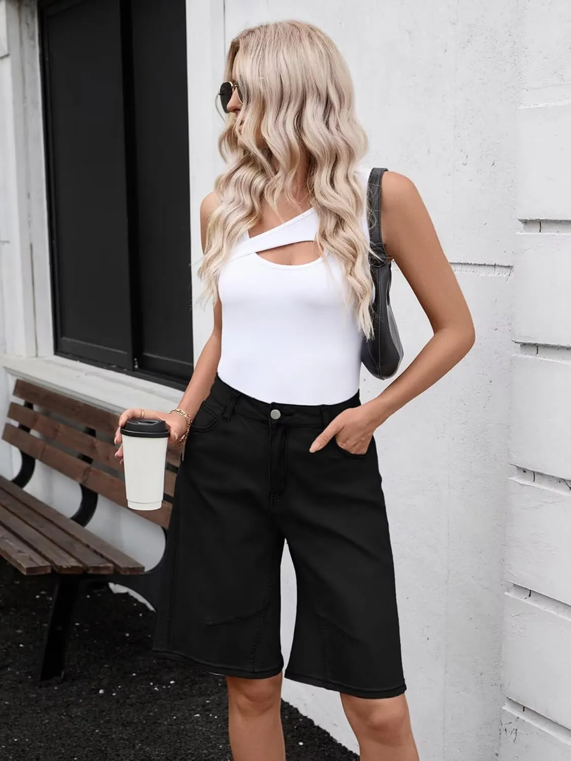 VICHYIE Womens Summer Denim Wide Leg Casual Loose Mid-Low Rise Jorts Bermuda Knee Length Jeans Short Pants