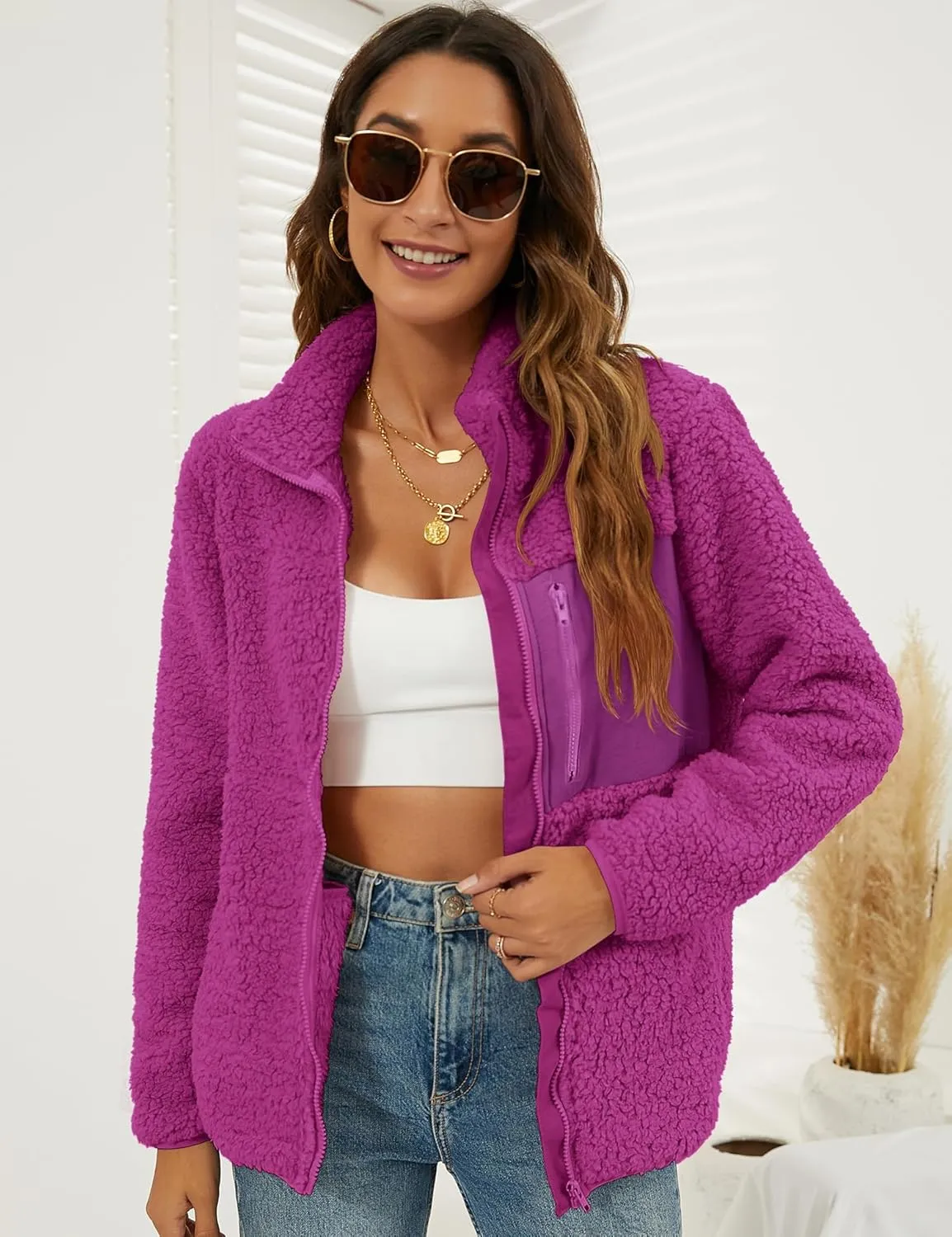 VVK Women's Fashion Faux Shearling Shaggy Full Zip Coats Warm Winter Patchwork Jackets with Pocket