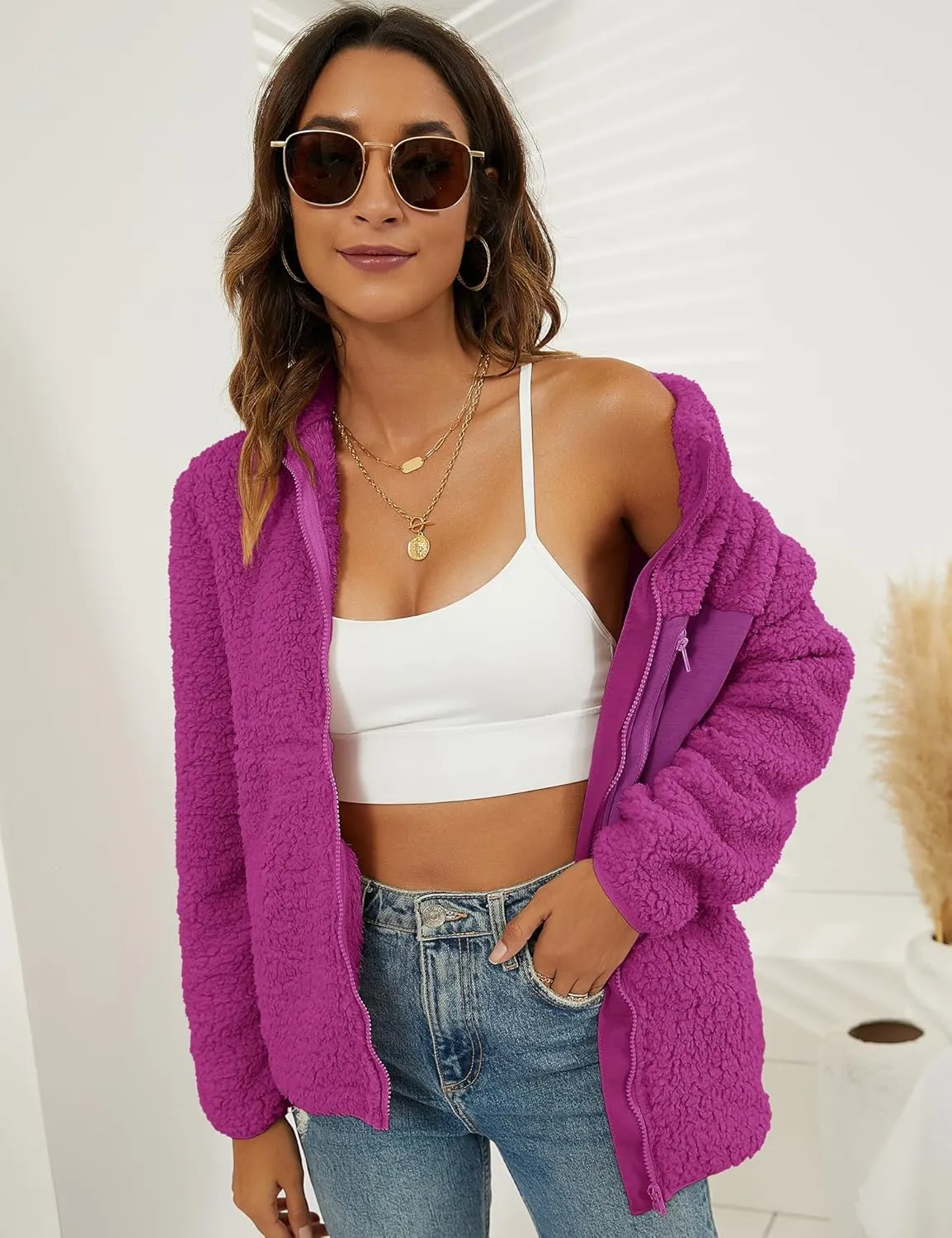 VVK Women's Fashion Faux Shearling Shaggy Full Zip Coats Warm Winter Patchwork Jackets with Pocket