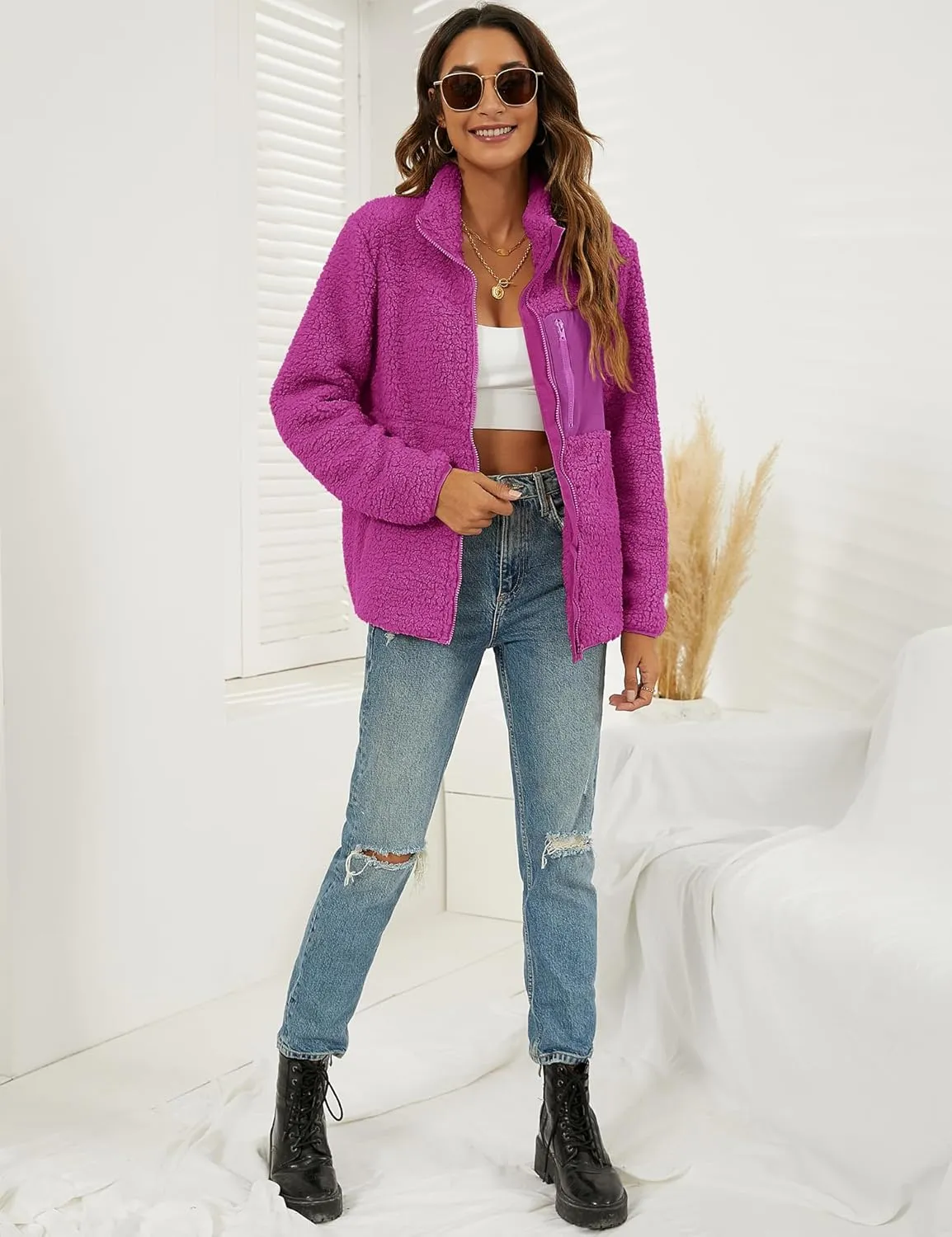 VVK Women's Fashion Faux Shearling Shaggy Full Zip Coats Warm Winter Patchwork Jackets with Pocket