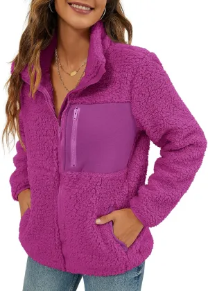 VVK Women's Fashion Faux Shearling Shaggy Full Zip Coats Warm Winter Patchwork Jackets with Pocket