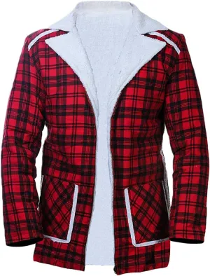 Wade Willson Checkered Style Red Flannel Jacket Faux Fur Shearling Coat
