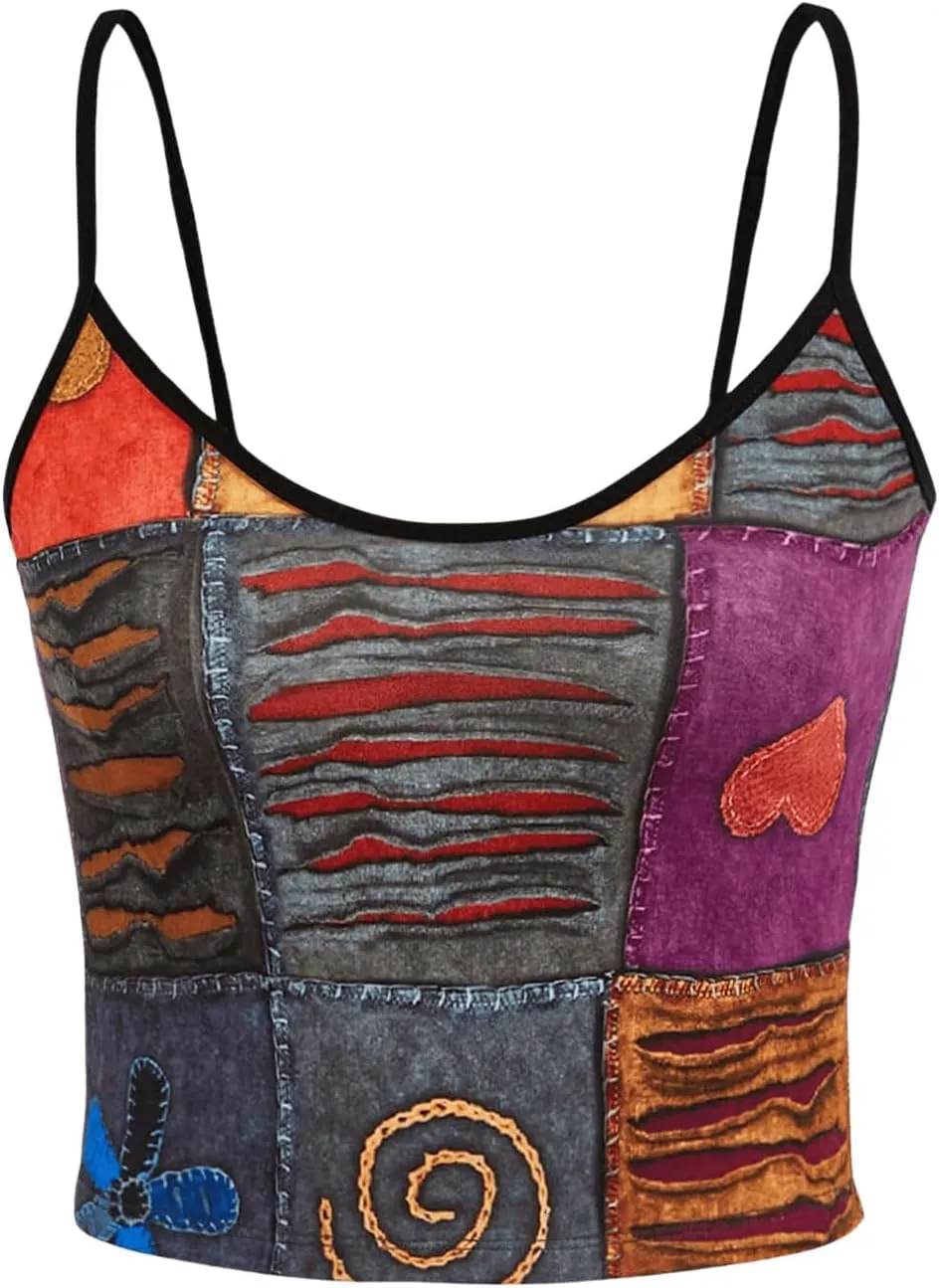 WDIRARA Women's Graphic Grunge Print Crop Cami Top Contrast Binding Spaghetti Strap Camisole