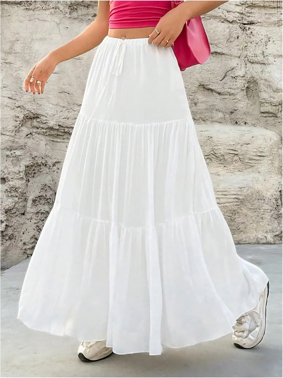 WDIRARA Women's tie Front Drawstring High Waist Maxi Cake Skirts Ruched Pleated Long Mid-Calf Skirt