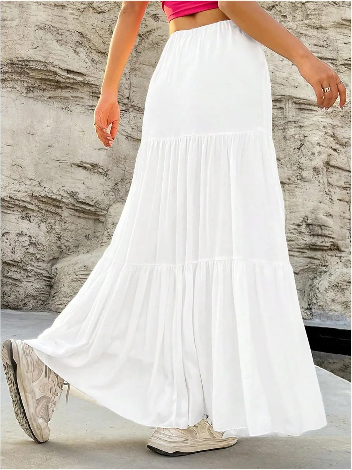 WDIRARA Women's tie Front Drawstring High Waist Maxi Cake Skirts Ruched Pleated Long Mid-Calf Skirt