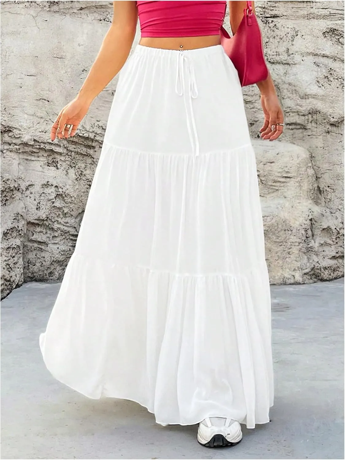 WDIRARA Women's tie Front Drawstring High Waist Maxi Cake Skirts Ruched Pleated Long Mid-Calf Skirt