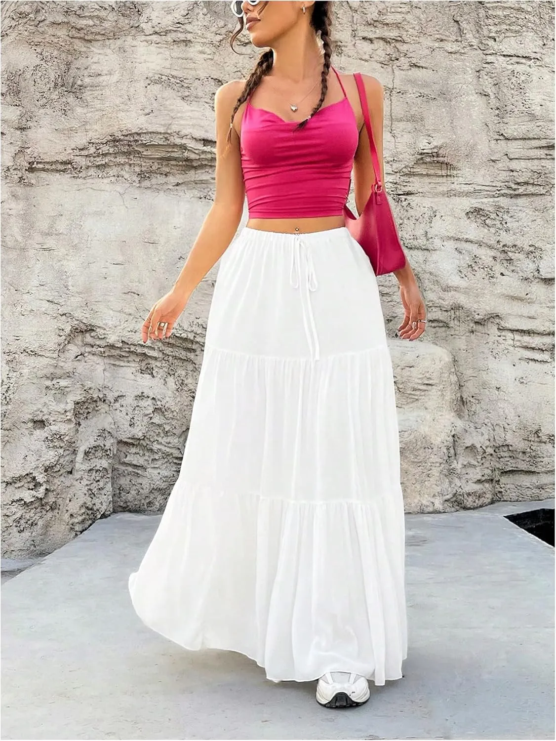 WDIRARA Women's tie Front Drawstring High Waist Maxi Cake Skirts Ruched Pleated Long Mid-Calf Skirt