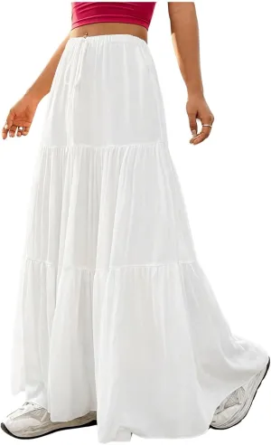 WDIRARA Women's tie Front Drawstring High Waist Maxi Cake Skirts Ruched Pleated Long Mid-Calf Skirt