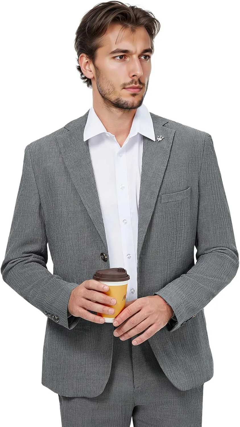 WEEN CHARM Men's Summer Seersucker Suit-2-Piece Blazer and Pants Set-Lightweight,Breathable,Casual,Cool and Comfortable
