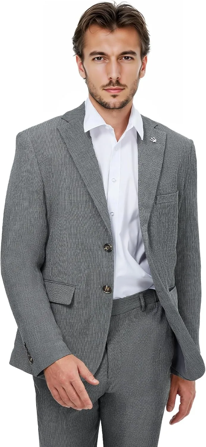 WEEN CHARM Men's Summer Seersucker Suit-2-Piece Blazer and Pants Set-Lightweight,Breathable,Casual,Cool and Comfortable