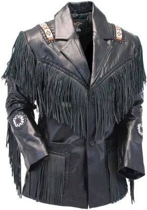 Western Cowboy Leather Jacket For Mens Real Suede & Fringe Native American Coat - Black (XX-Large), RP-786