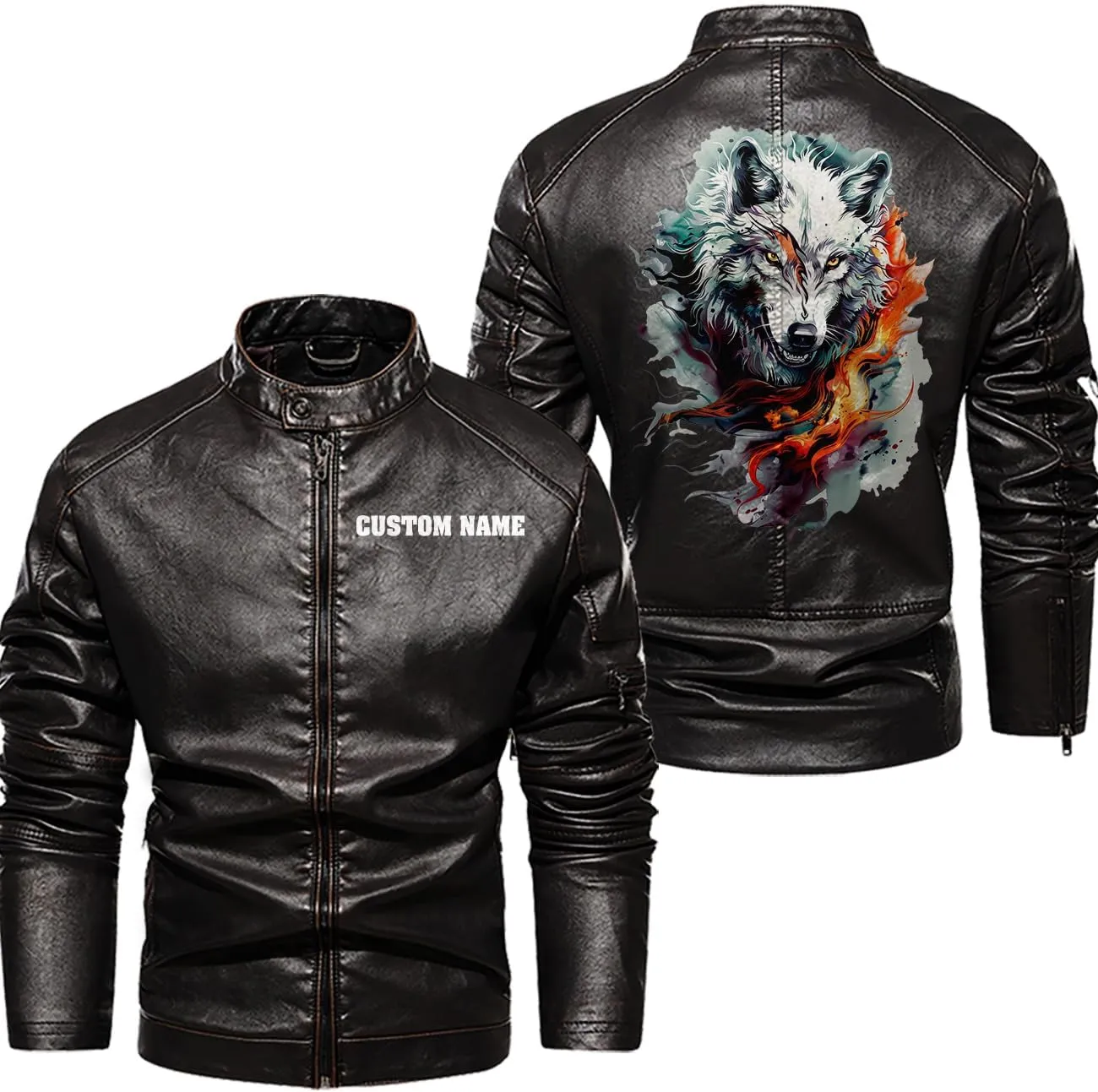 White Fire Wolf, Animal Art Motif Wolf, Motorcycle Custom Men PU Leather Vest Jacket