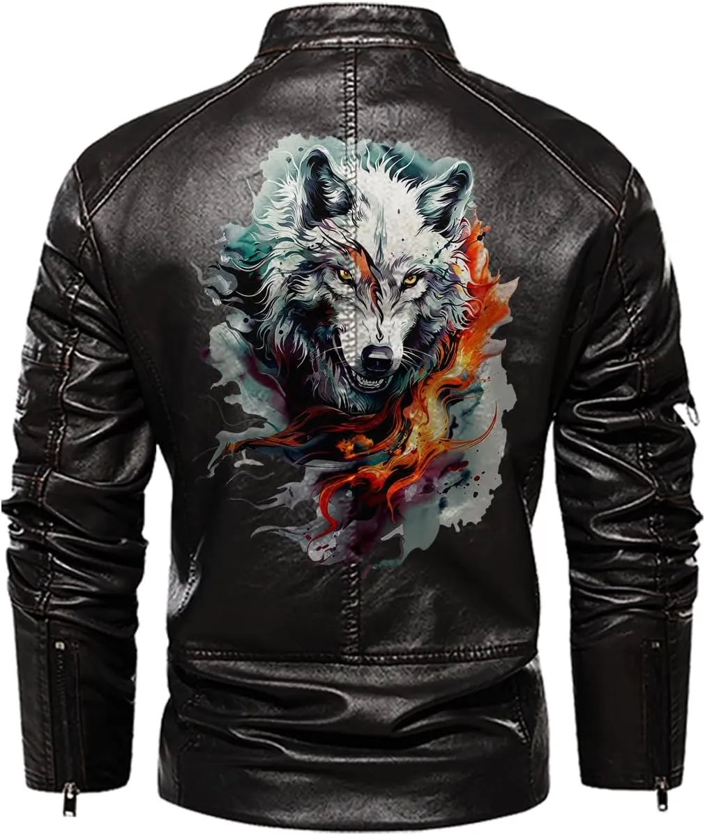 White Fire Wolf, Animal Art Motif Wolf, Motorcycle Custom Men PU Leather Vest Jacket