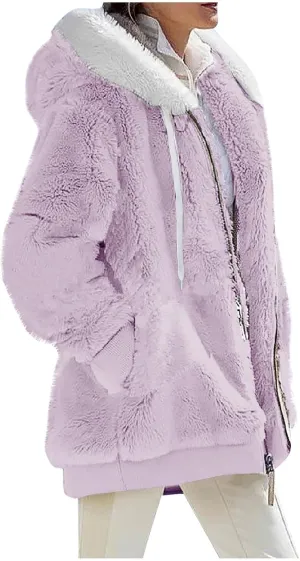 Winter Coats for Women Fuzzy Fleece Jacket Zipper Hooded Color Block Patchwork Cardigan Sherpa Outerwear with Pocket