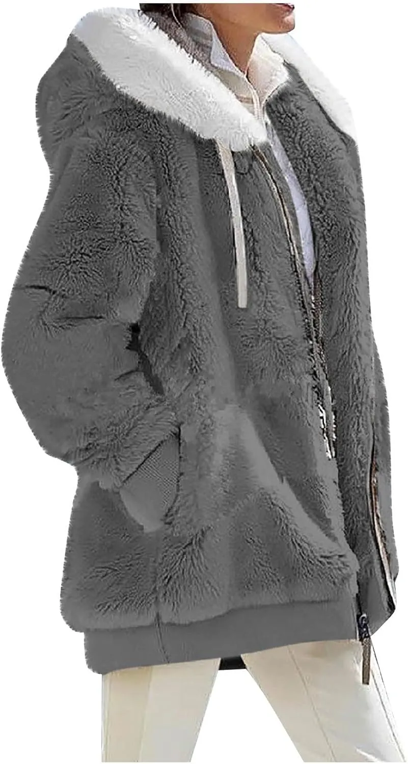Winter Coats for Women Fuzzy Fleece Jacket Zipper Hooded Color Block Patchwork Cardigan Sherpa Outerwear with Pocket