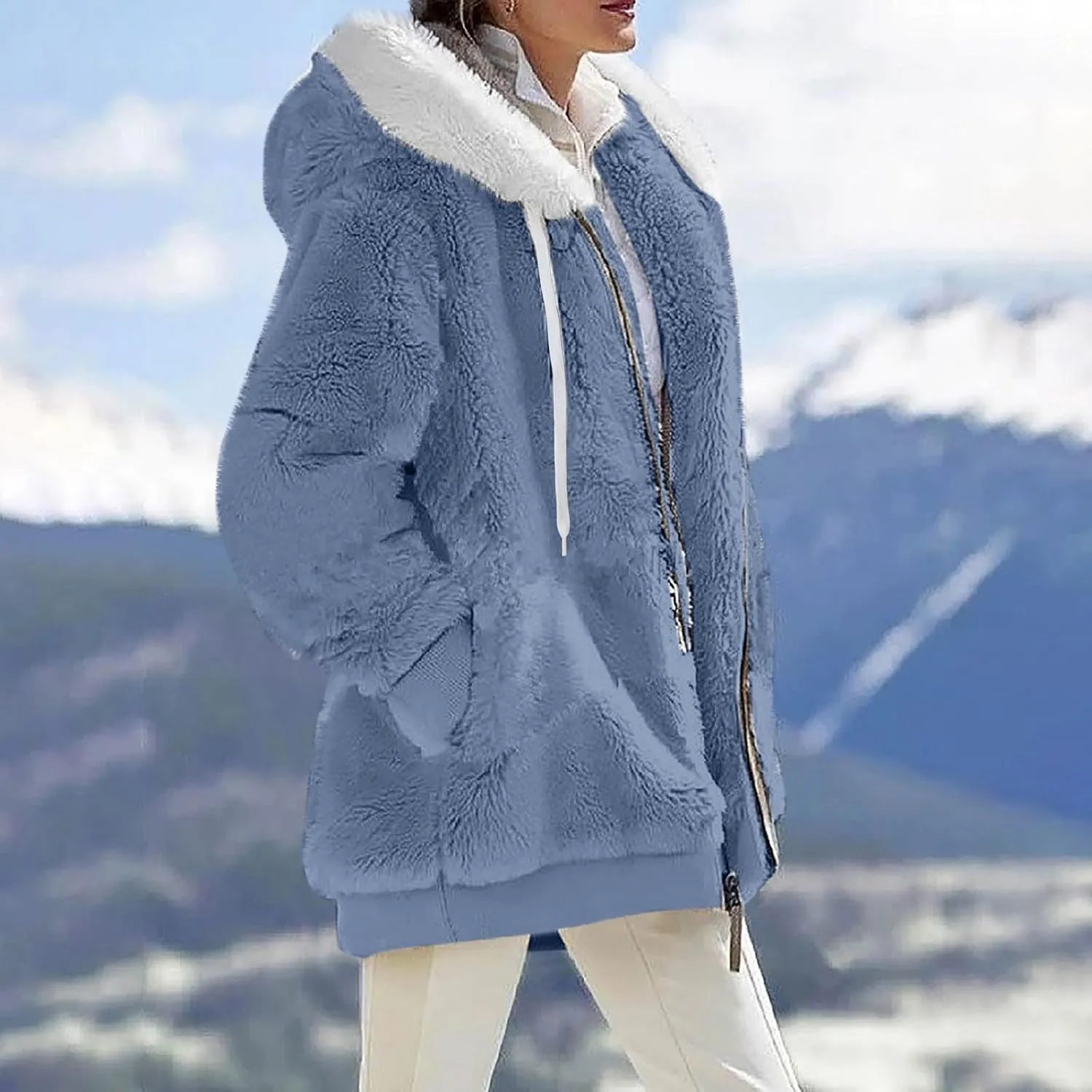 Winter Coats for Women Fuzzy Fleece Jacket Zipper Hooded Color Block Patchwork Cardigan Sherpa Outerwear with Pocket