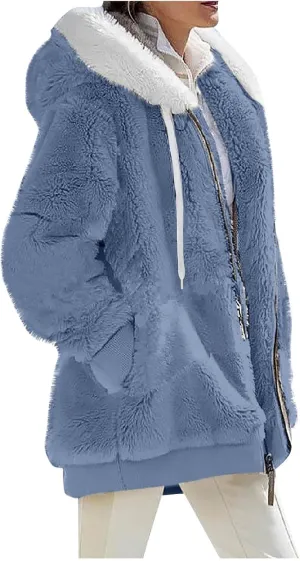 Winter Coats for Women Fuzzy Fleece Jacket Zipper Hooded Color Block Patchwork Cardigan Sherpa Outerwear with Pocket