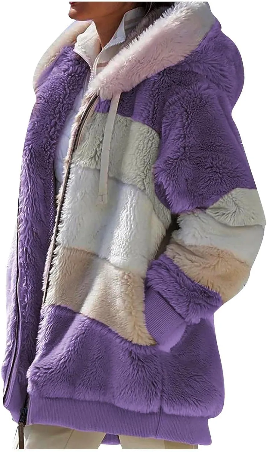Winter Coats for Women Fuzzy Fleece Jacket Zipper Hooded Color Block Patchwork Cardigan Sherpa Outerwear with Pocket