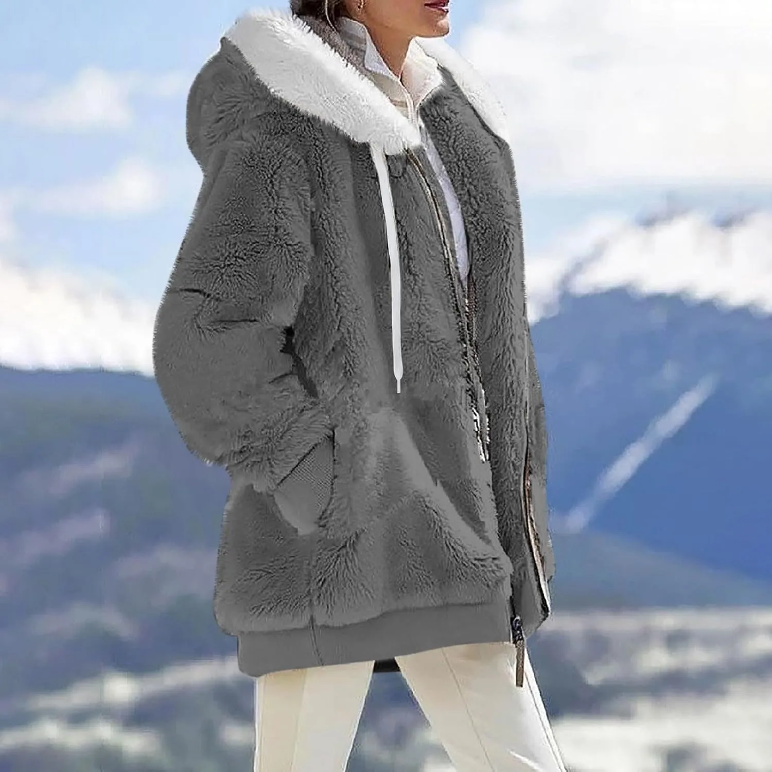 Winter Coats for Women Fuzzy Fleece Jacket Zipper Hooded Color Block Patchwork Cardigan Sherpa Outerwear with Pocket