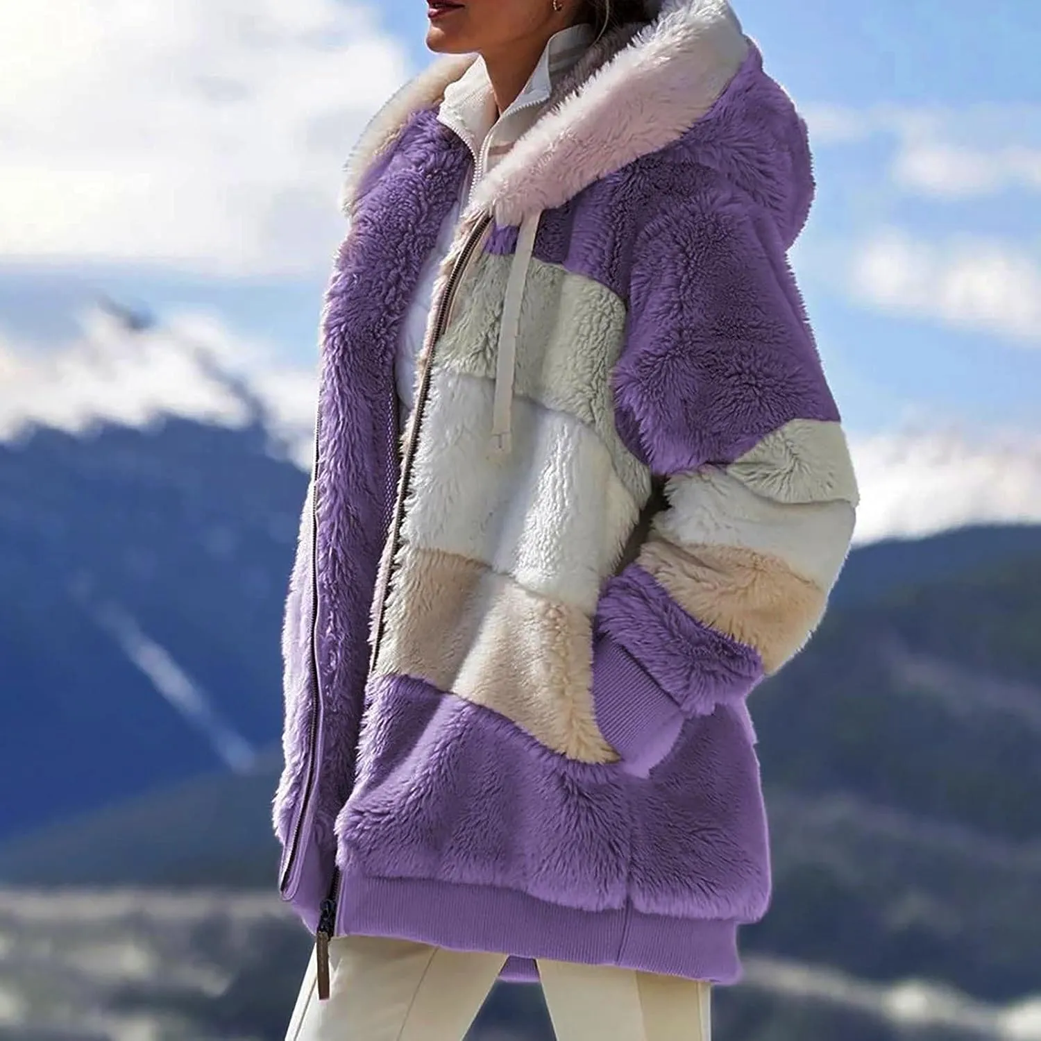 Winter Coats for Women Fuzzy Fleece Jacket Zipper Hooded Color Block Patchwork Cardigan Sherpa Outerwear with Pocket