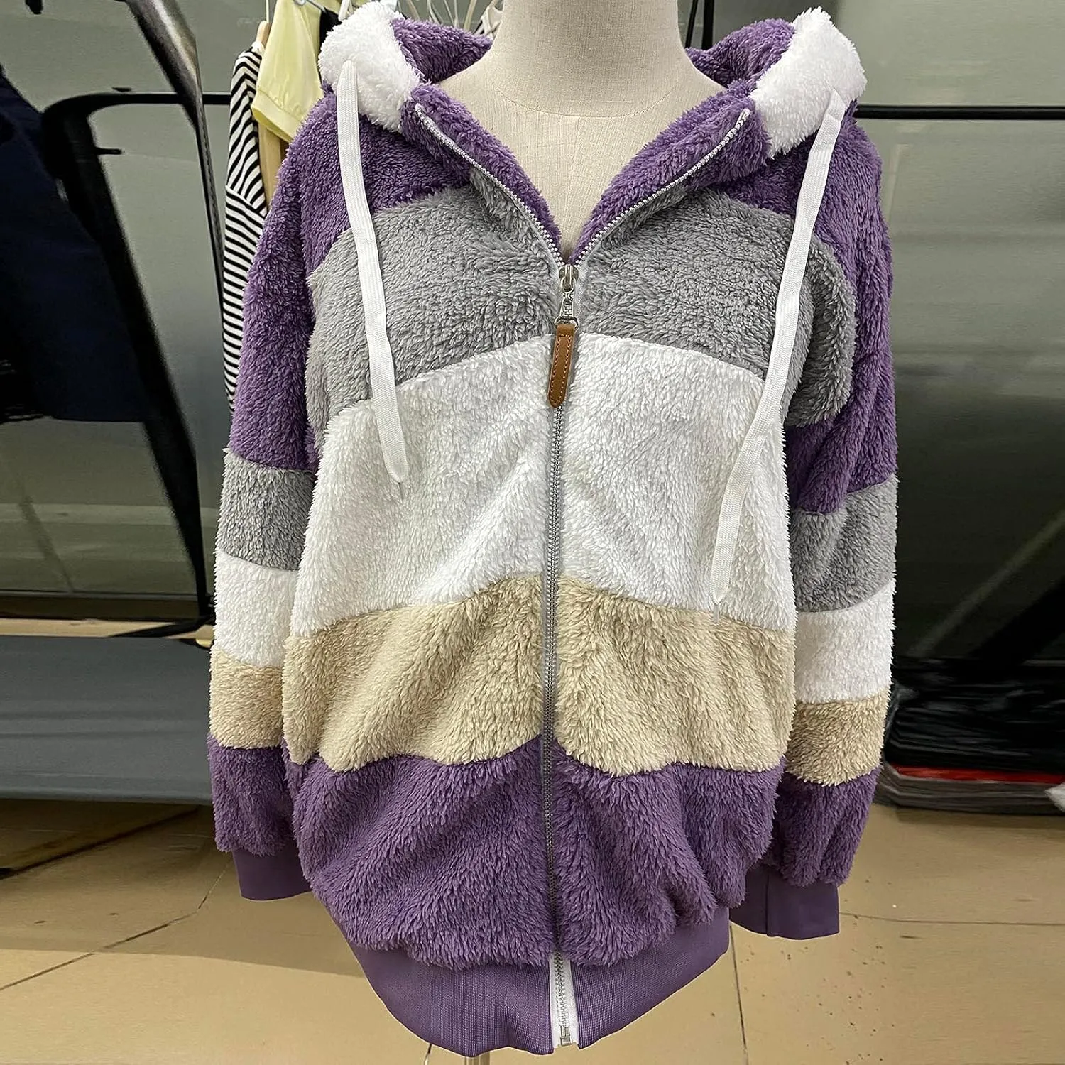 Winter Coats for Women Fuzzy Fleece Jacket Zipper Hooded Color Block Patchwork Cardigan Sherpa Outerwear with Pocket