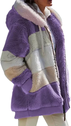 Winter Coats for Women Fuzzy Fleece Jacket Zipper Hooded Color Block Patchwork Cardigan Sherpa Outerwear with Pocket