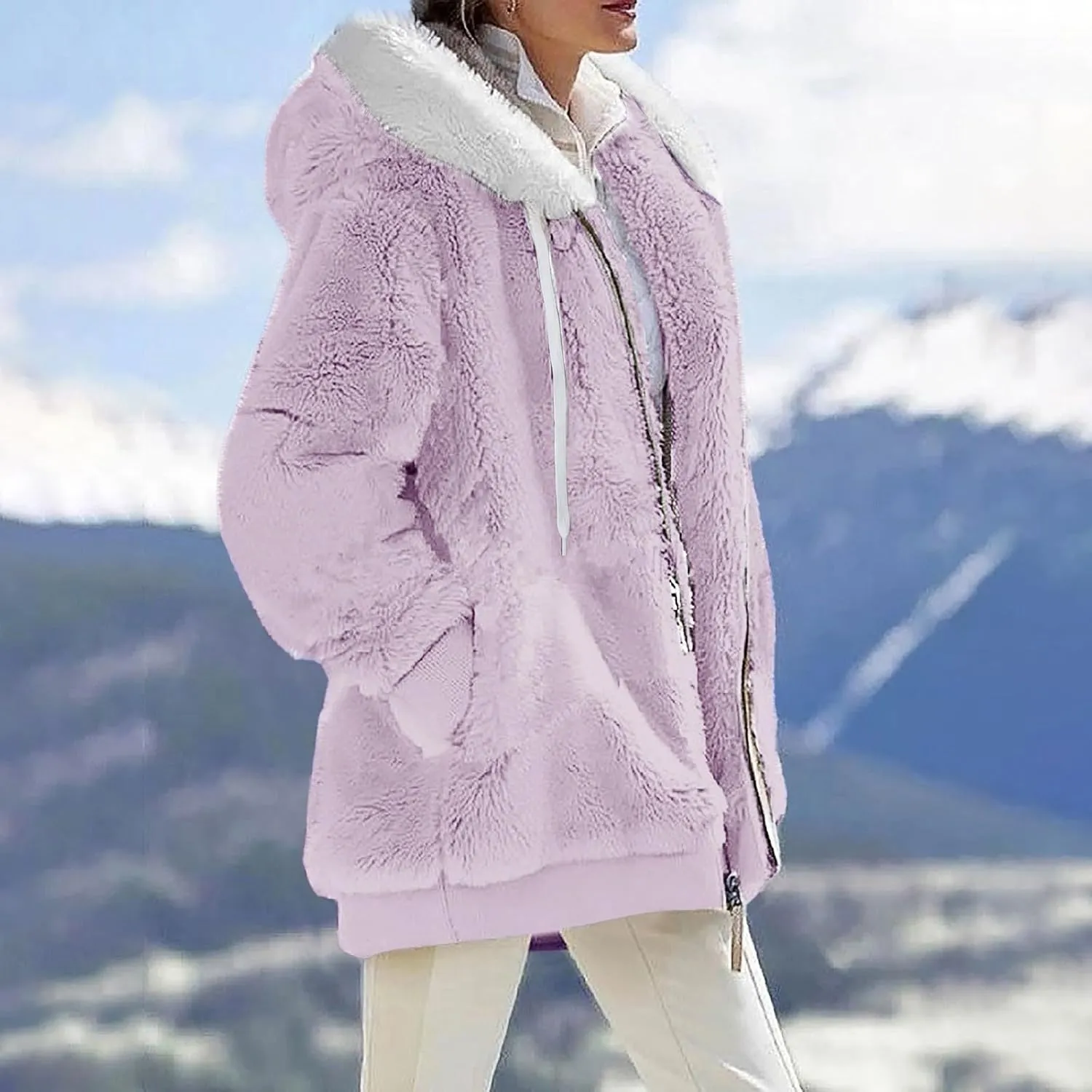 Winter Coats for Women Fuzzy Fleece Jacket Zipper Hooded Color Block Patchwork Cardigan Sherpa Outerwear with Pocket