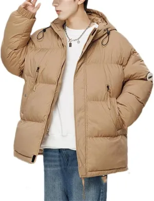 Winter Men Hooded Zip-Up Jacket Solid Cotton-Padded Unisex Thick Warm Vintage Coat