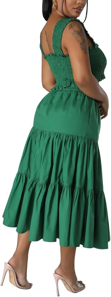 WOKANSE Pleated Skirt Set Stretchy Tube Top Patchwork Flowy Long Skirt Sets Outfit