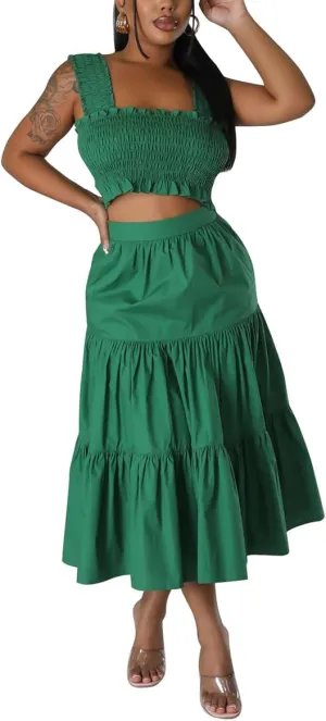 WOKANSE Pleated Skirt Set Stretchy Tube Top Patchwork Flowy Long Skirt Sets Outfit