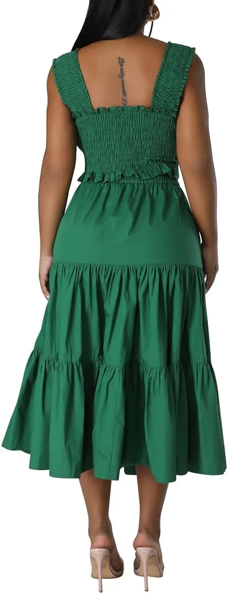 WOKANSE Pleated Skirt Set Stretchy Tube Top Patchwork Flowy Long Skirt Sets Outfit