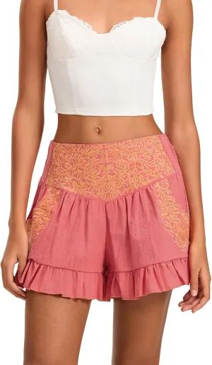 Women Embroidered Floral Shorts Cute Ruched Pleated Ruffle Mini Shorts Casual Color Block Puff Skorts with Pockets