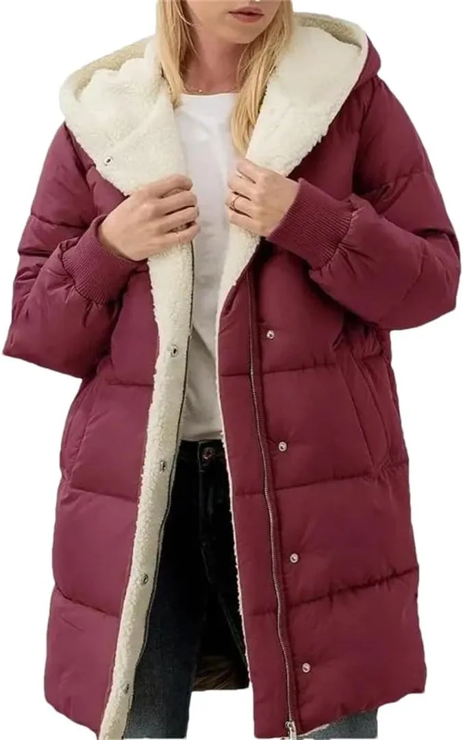 Women Fleece Parkas Winter Coats Hooded Cotton-Padded Long-Sleeved Jackets Double-Sided fleece Slim-Fit Cardigan Jacket Coats