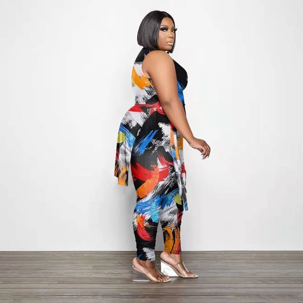 Women Plus Size 2 Piece Outfits Jumpsuit Camouflage Print Sleeveless Slit Tunic Tops Pant Set