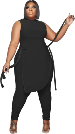 Women Plus Size 2 Piece Outfits Jumpsuit Camouflage Print Sleeveless Slit Tunic Tops Pant Set