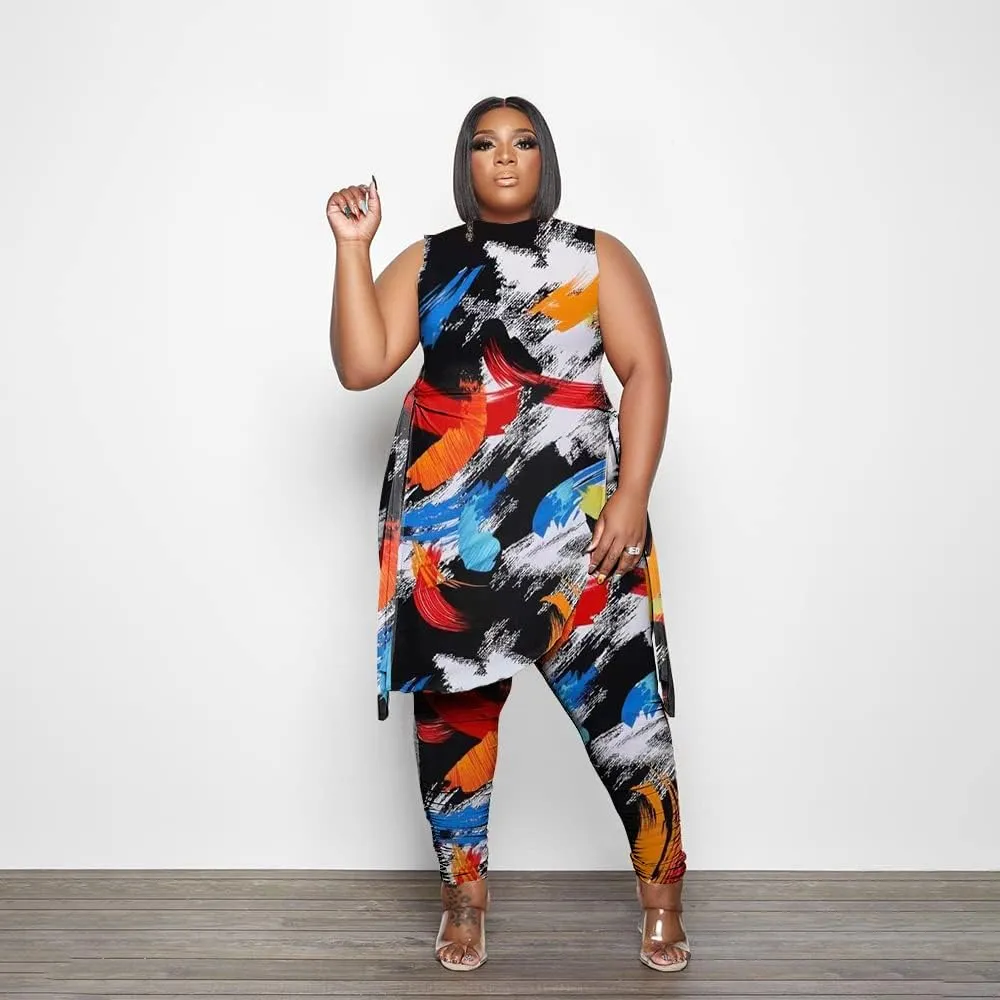 Women Plus Size 2 Piece Outfits Jumpsuit Camouflage Print Sleeveless Slit Tunic Tops Pant Set